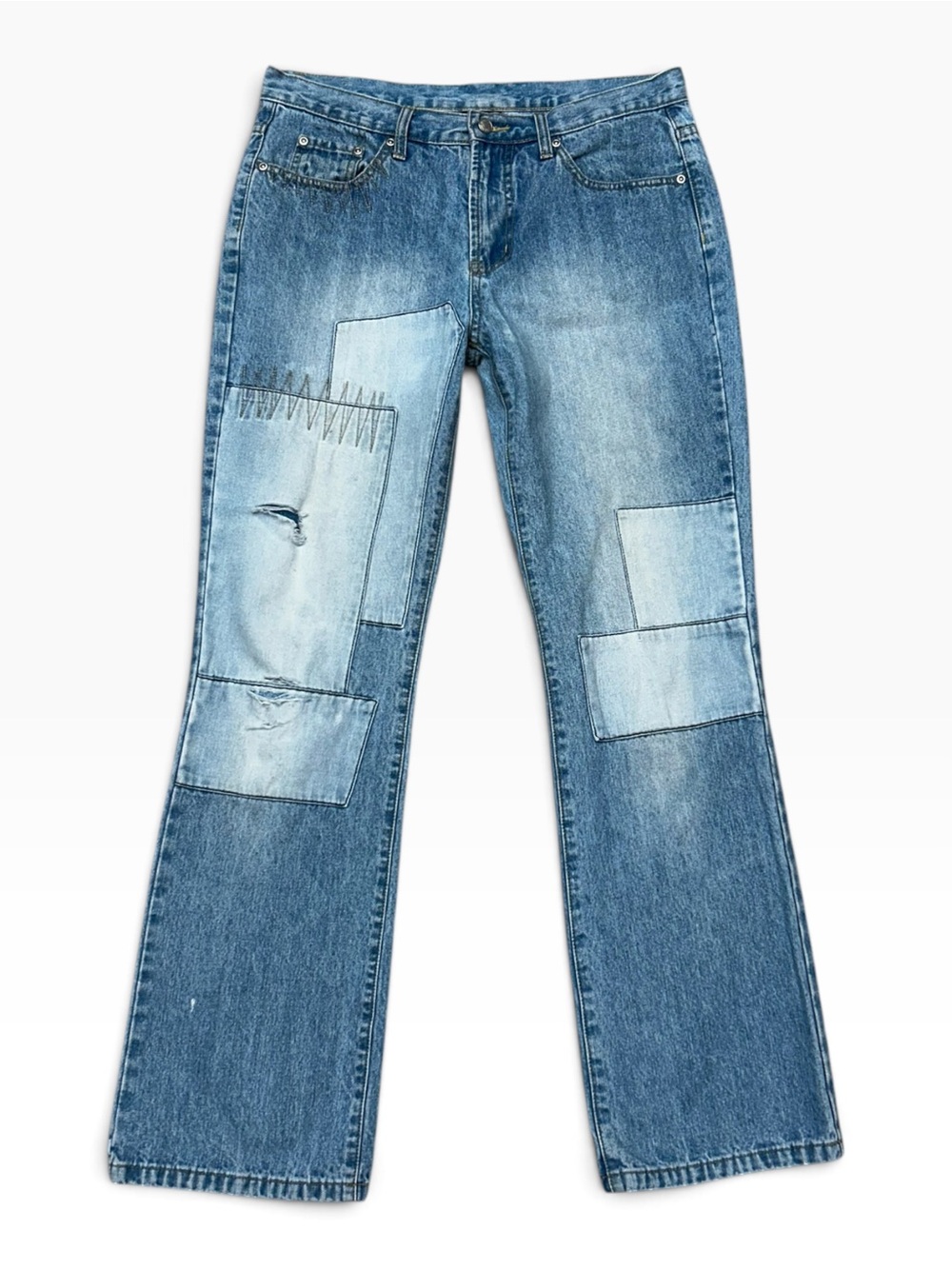 Boston Proper Patchwork Flare Patchwork Denim Jeans Light Wash